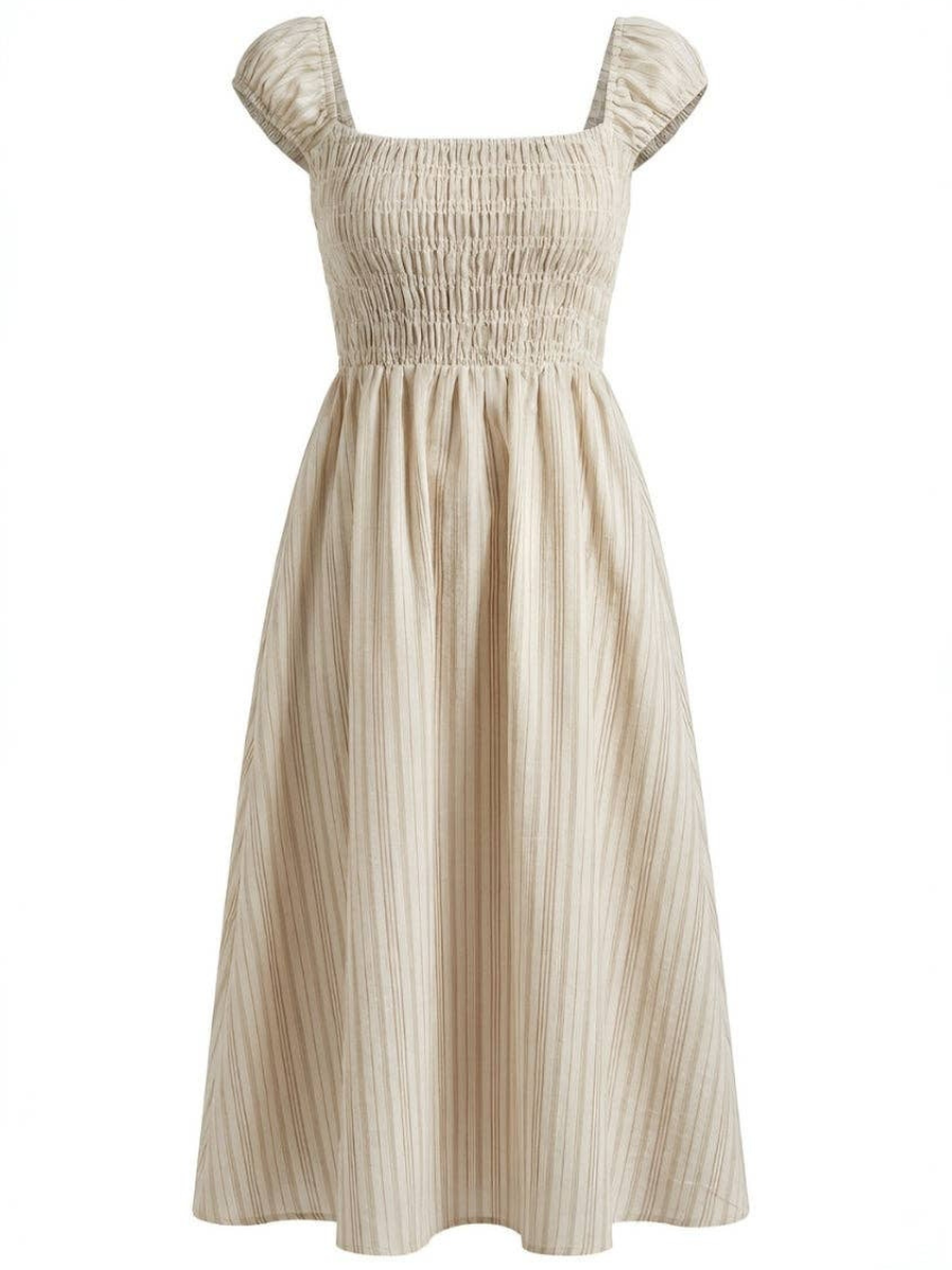Liora Smocked Midi Dress - Cream Stripe