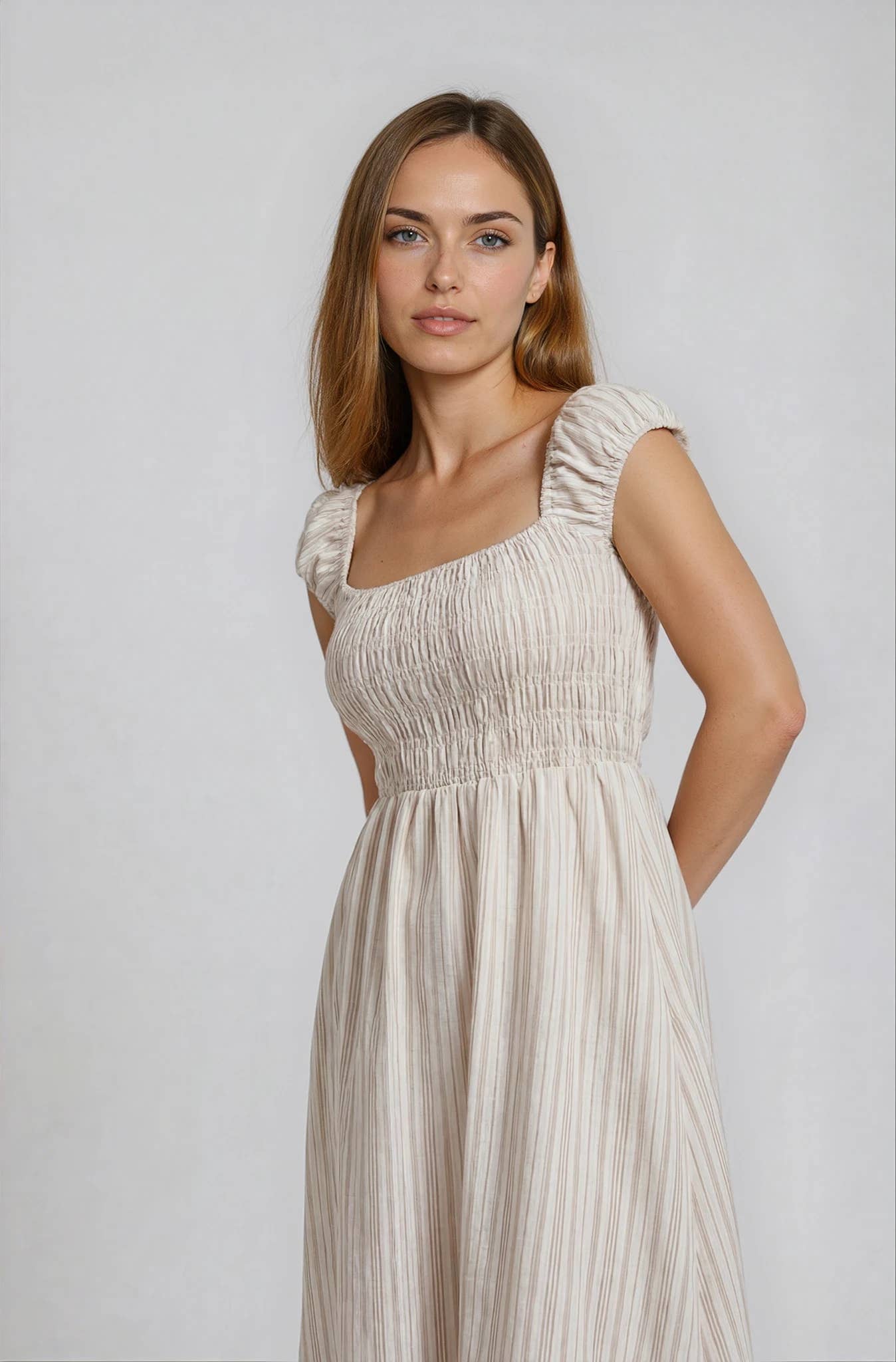 Liora Smocked Midi Dress - Cream Stripe