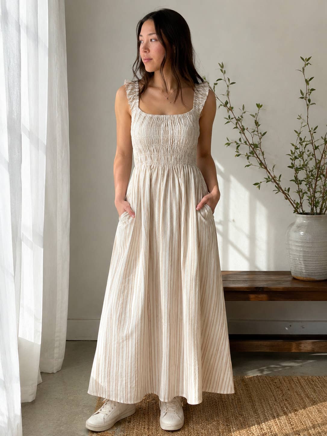 Liora Smocked Midi Dress - Cream Stripe
