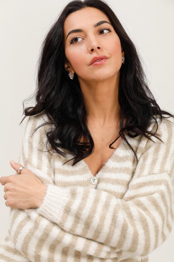 Liza Stripe Cardigan- Beige/Off White