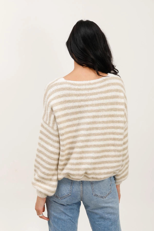 Liza Stripe Cardigan- Beige/Off White