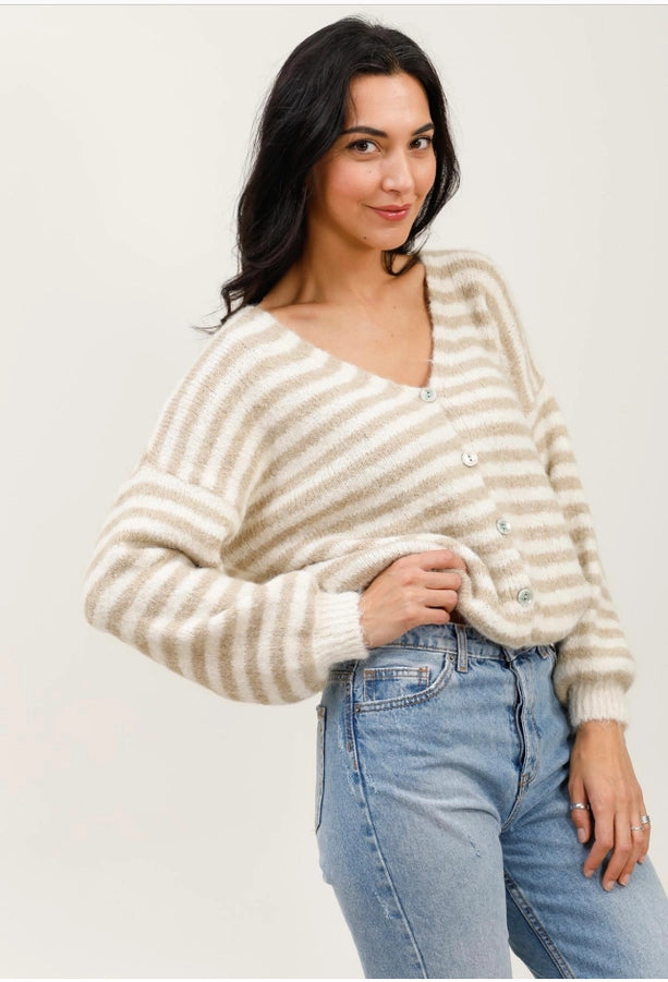 Liza Stripe Cardigan- Beige/Off White