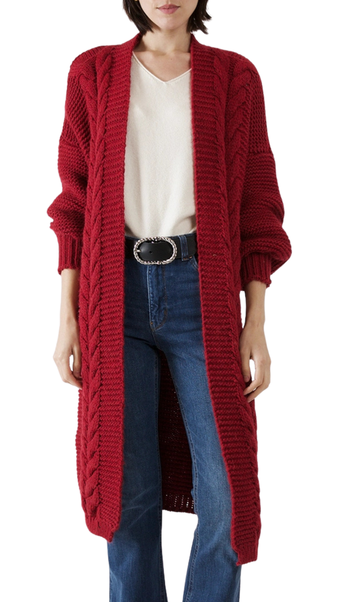 Alpaca Blend Cable Knit Cardigan- Bordeaux