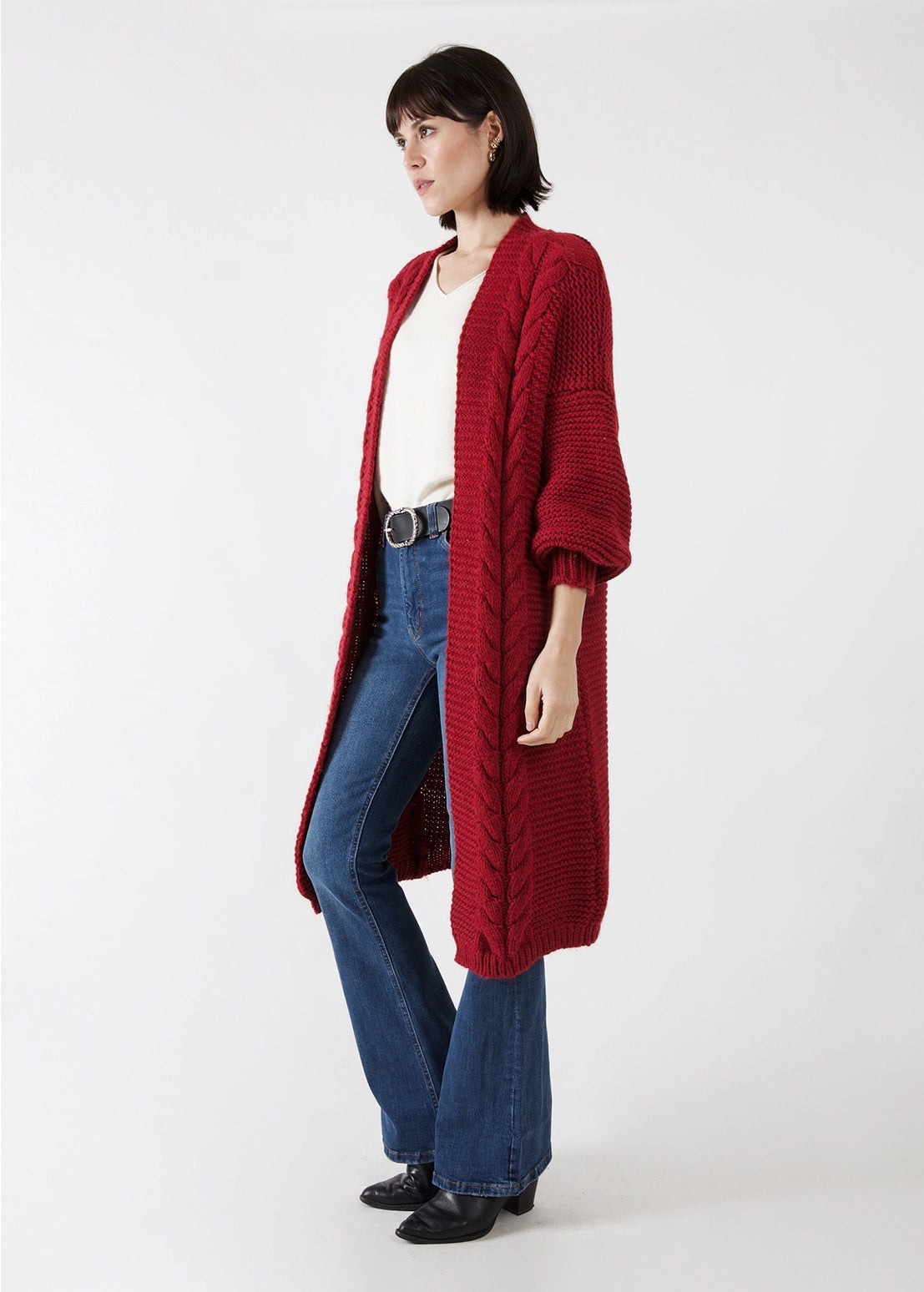 Alpaca Blend Cable Knit Cardigan- Bordeaux