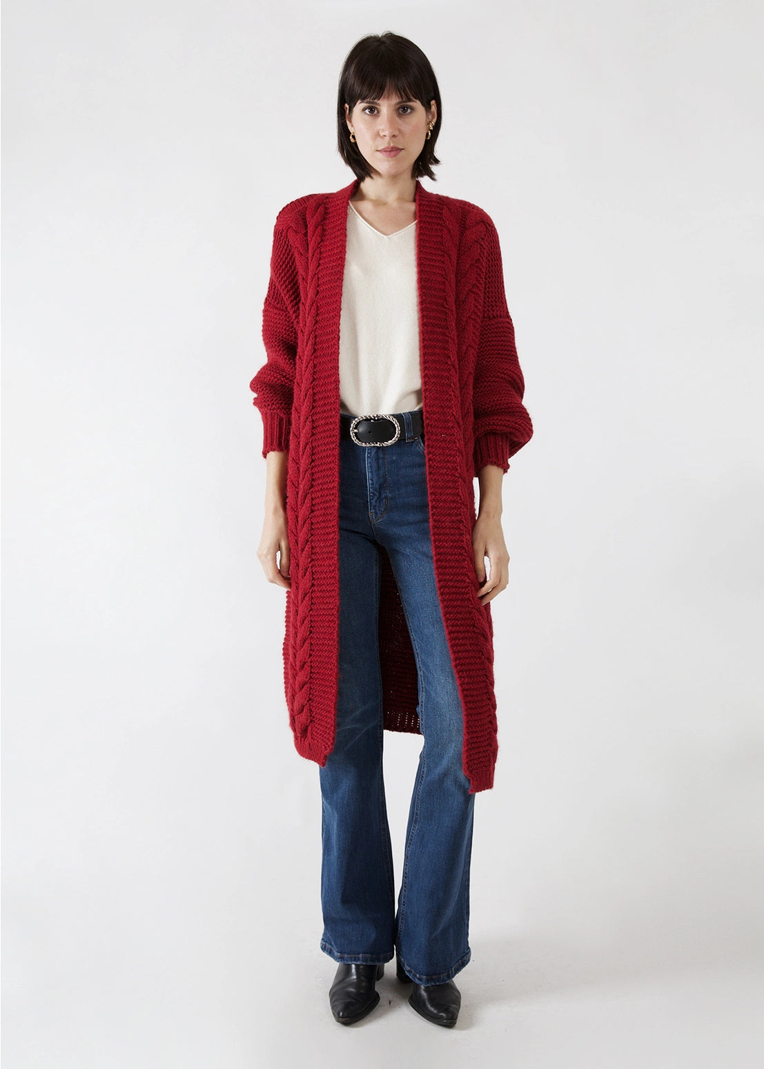 Alpaca Blend Cable Knit Cardigan- Bordeaux