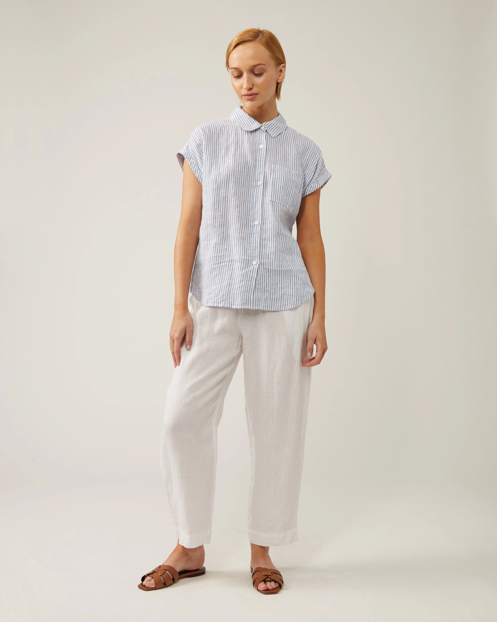 Lydia Linen Blouse - Blue/White