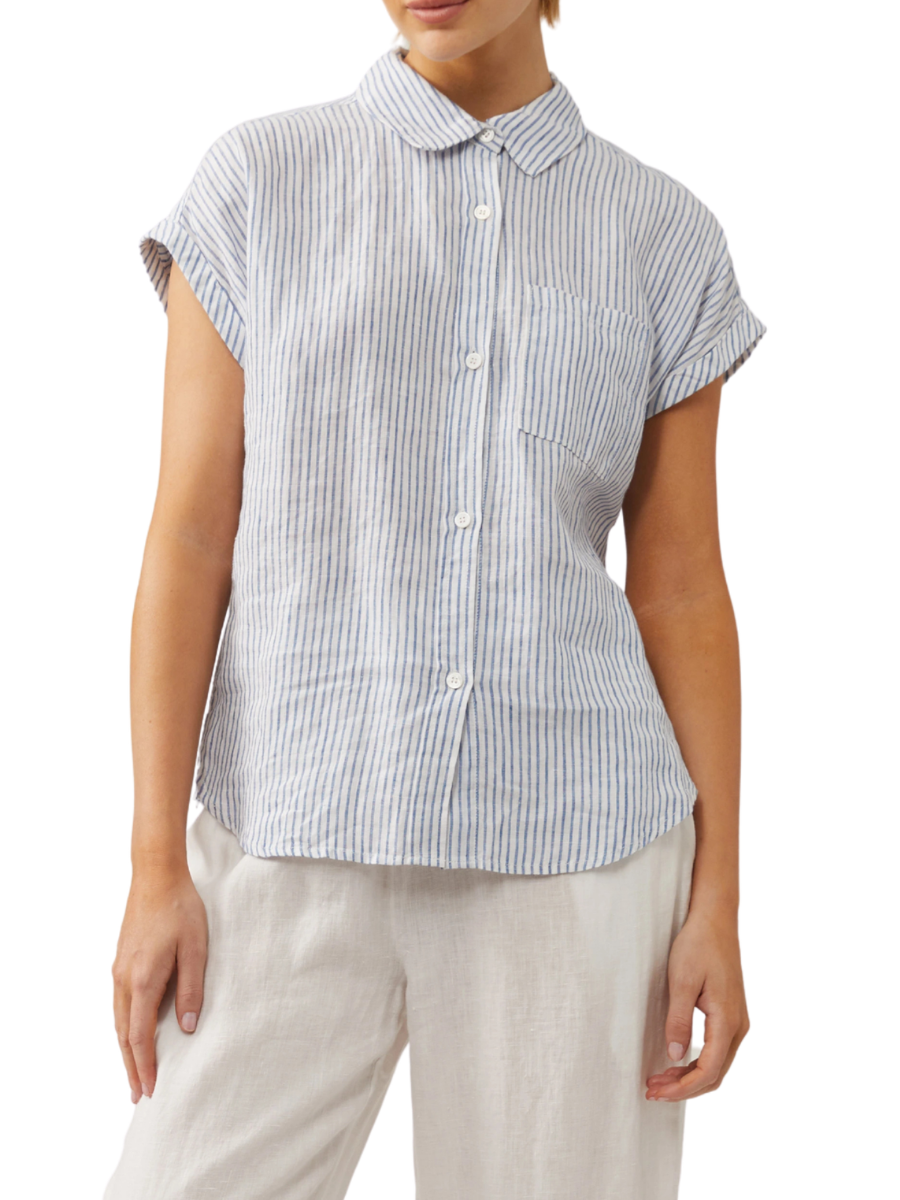 Lydia Linen Blouse - Blue/White
