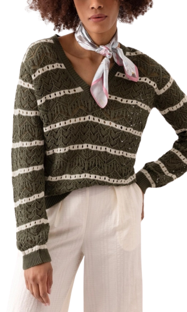 Long Sleeve Open Knit - Olive Stripe