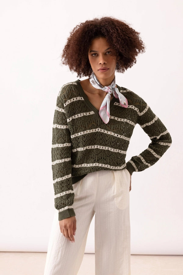 Long Sleeve Open Knit - Olive Stripe