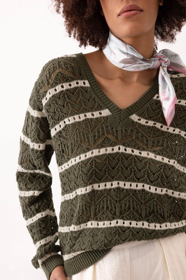 Long Sleeve Open Knit - Olive Stripe