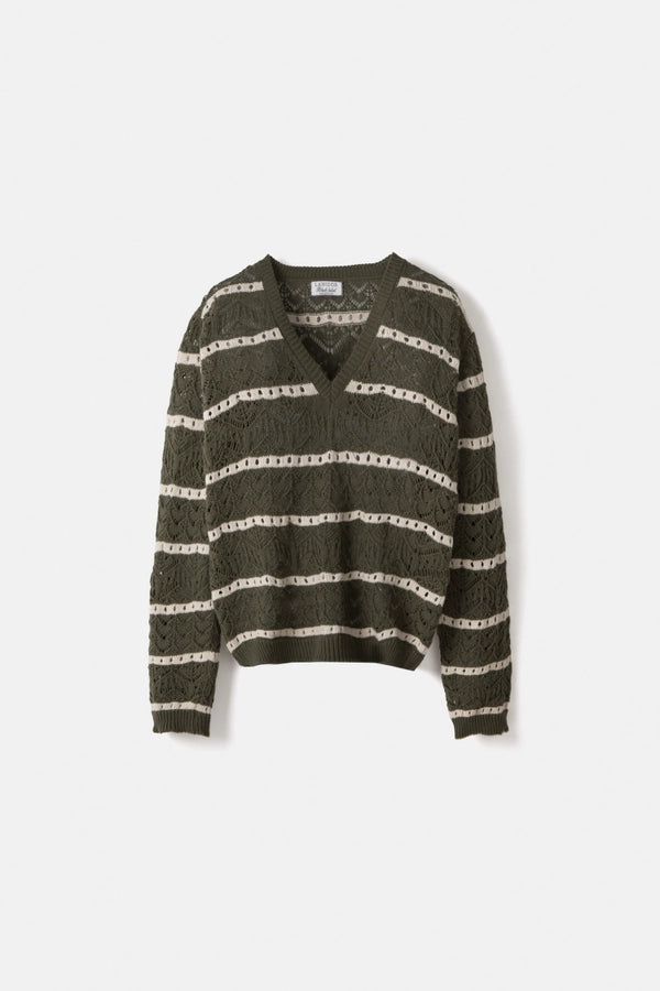 Long Sleeve Open Knit - Olive Stripe