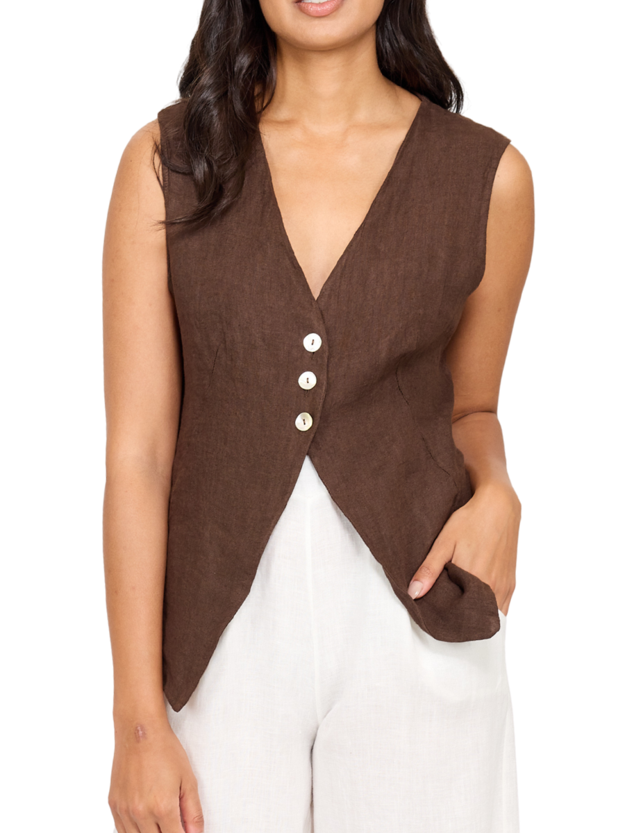 Linen Open Bottom Button Vest - Coffee