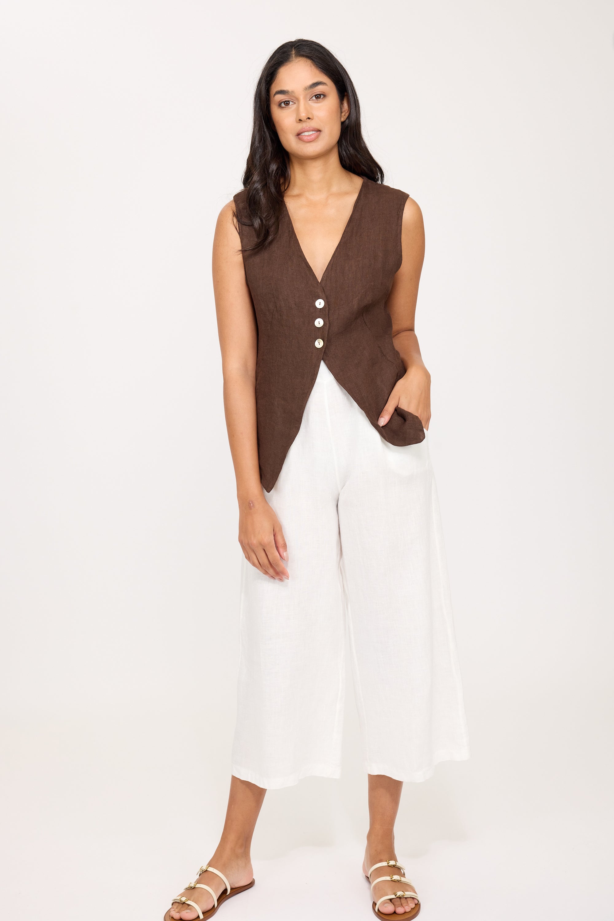 Linen Open Bottom Button Vest - Coffee
