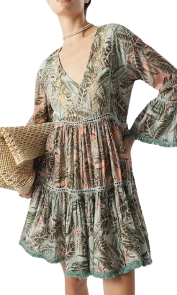 Palm Embroidered Dress - Multi
