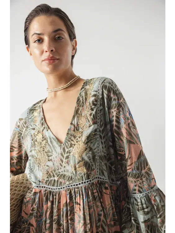 Palm Embroidered Dress - Multi