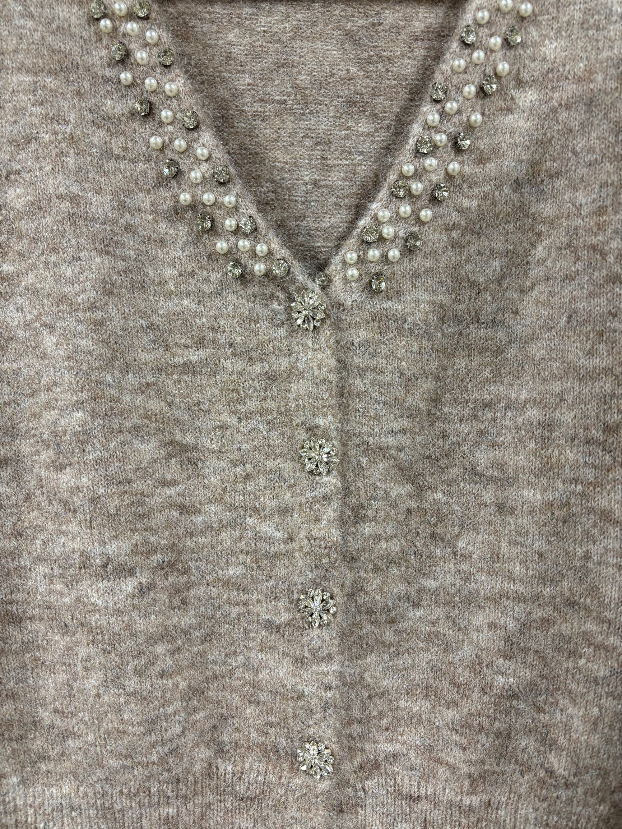 Pearl Embellished Cardigan in Light Taupe