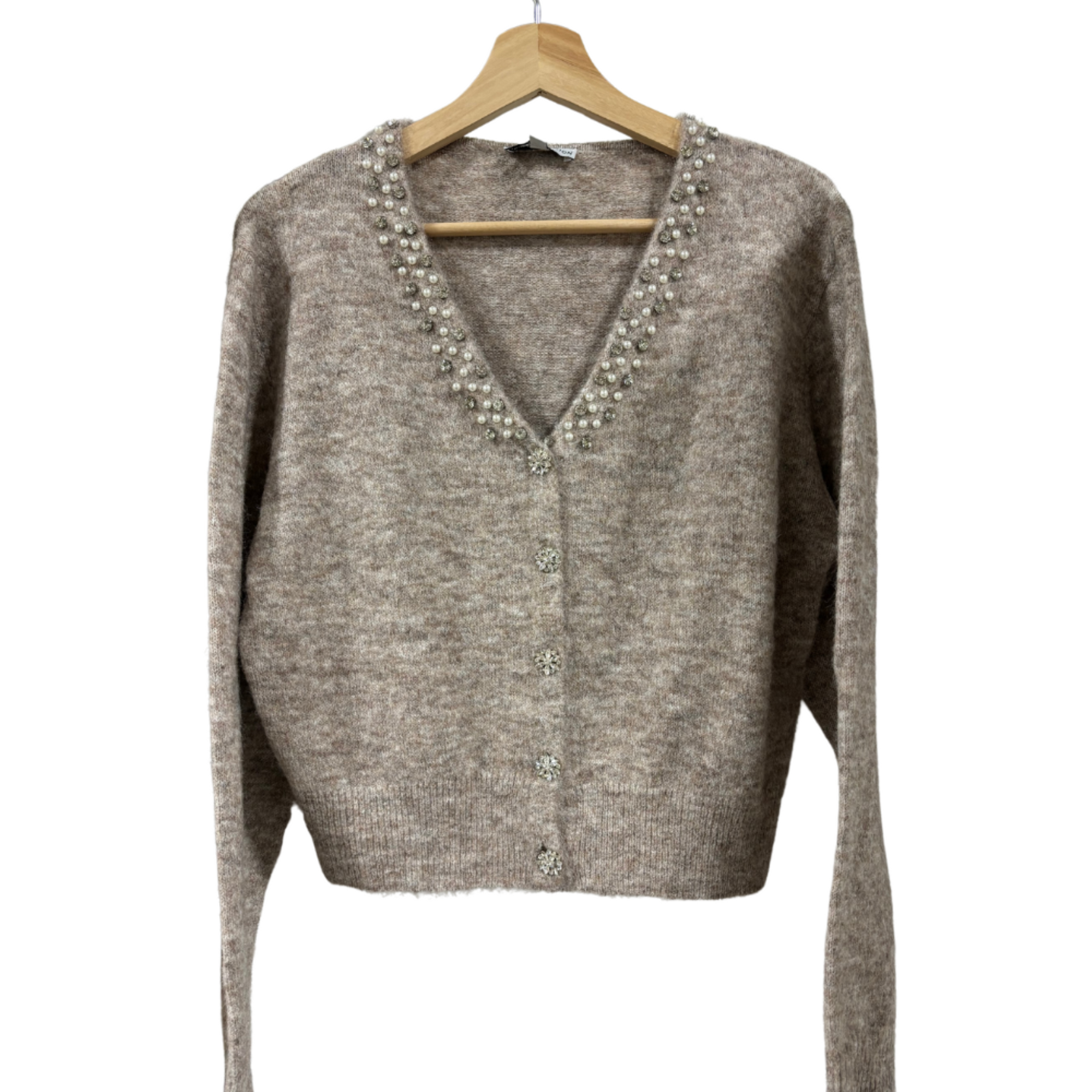 Pearl Embellished Cardigan in Light Taupe