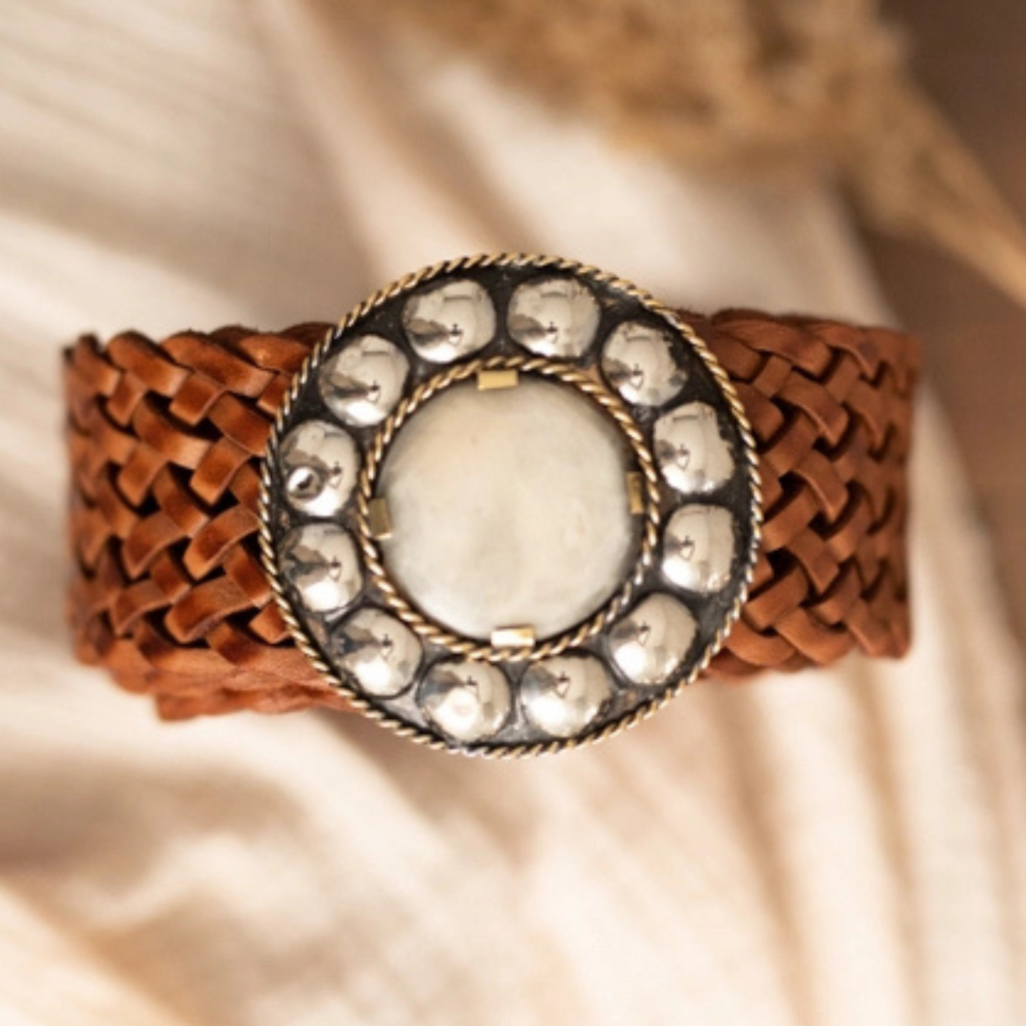 Flower Stainless Buckle w Mother-Of-Pearl Center - Braided Belt