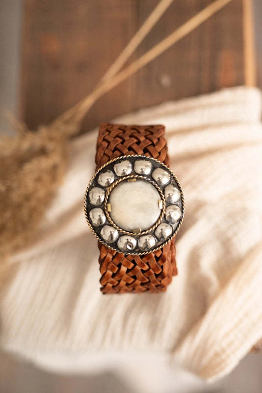 Flower Stainless Buckle w Mother-Of-Pearl Center - Braided Belt