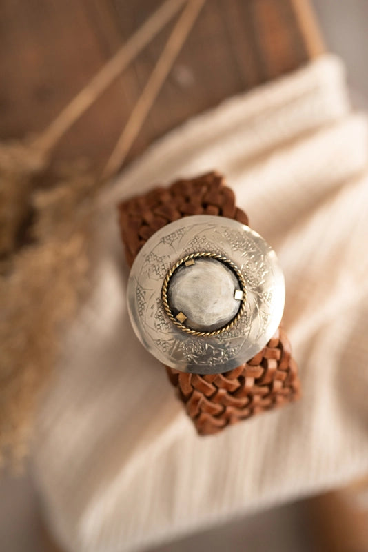 Round Stainless Buckle w Mother-Of-Pearl Center - Braided Belt