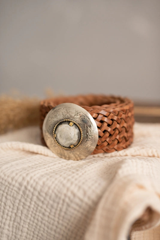 Round Stainless Buckle w Mother-Of-Pearl Center - Braided Belt