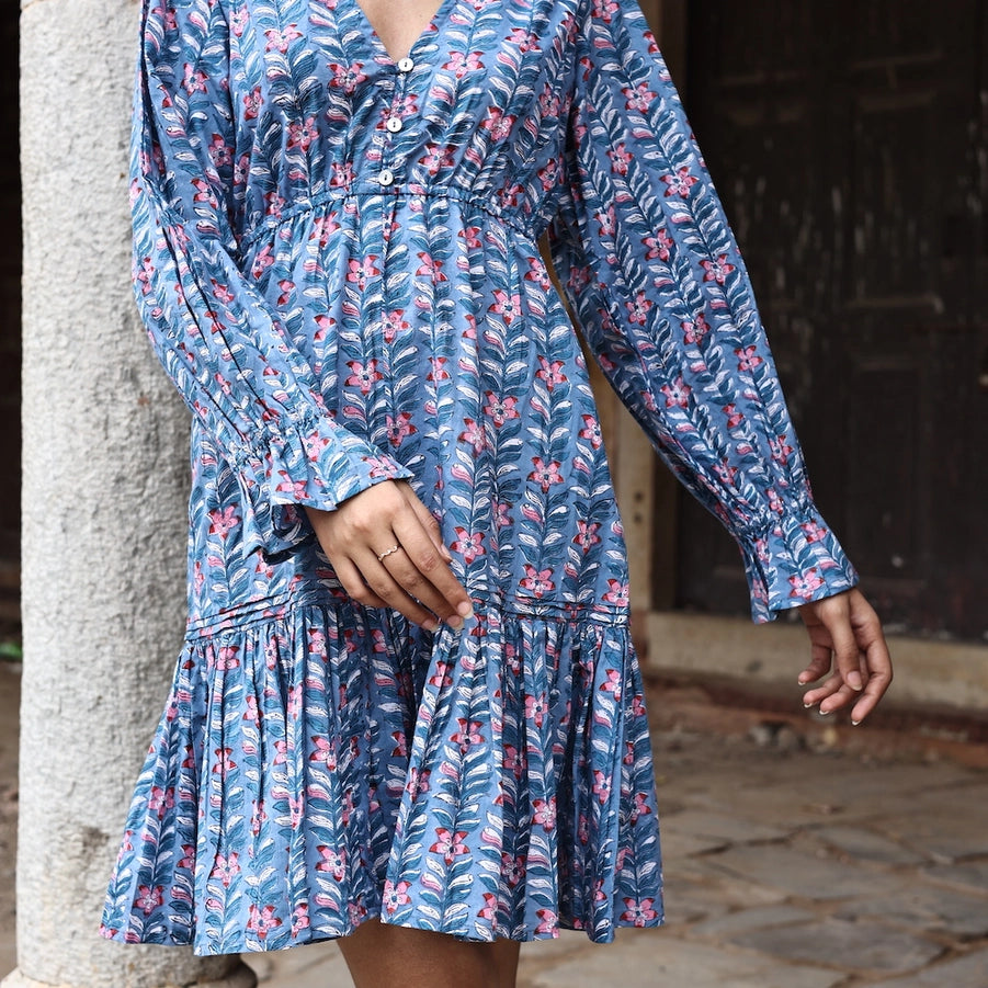 Tracy Ruffle Sleeve Floral Dress - Blue
