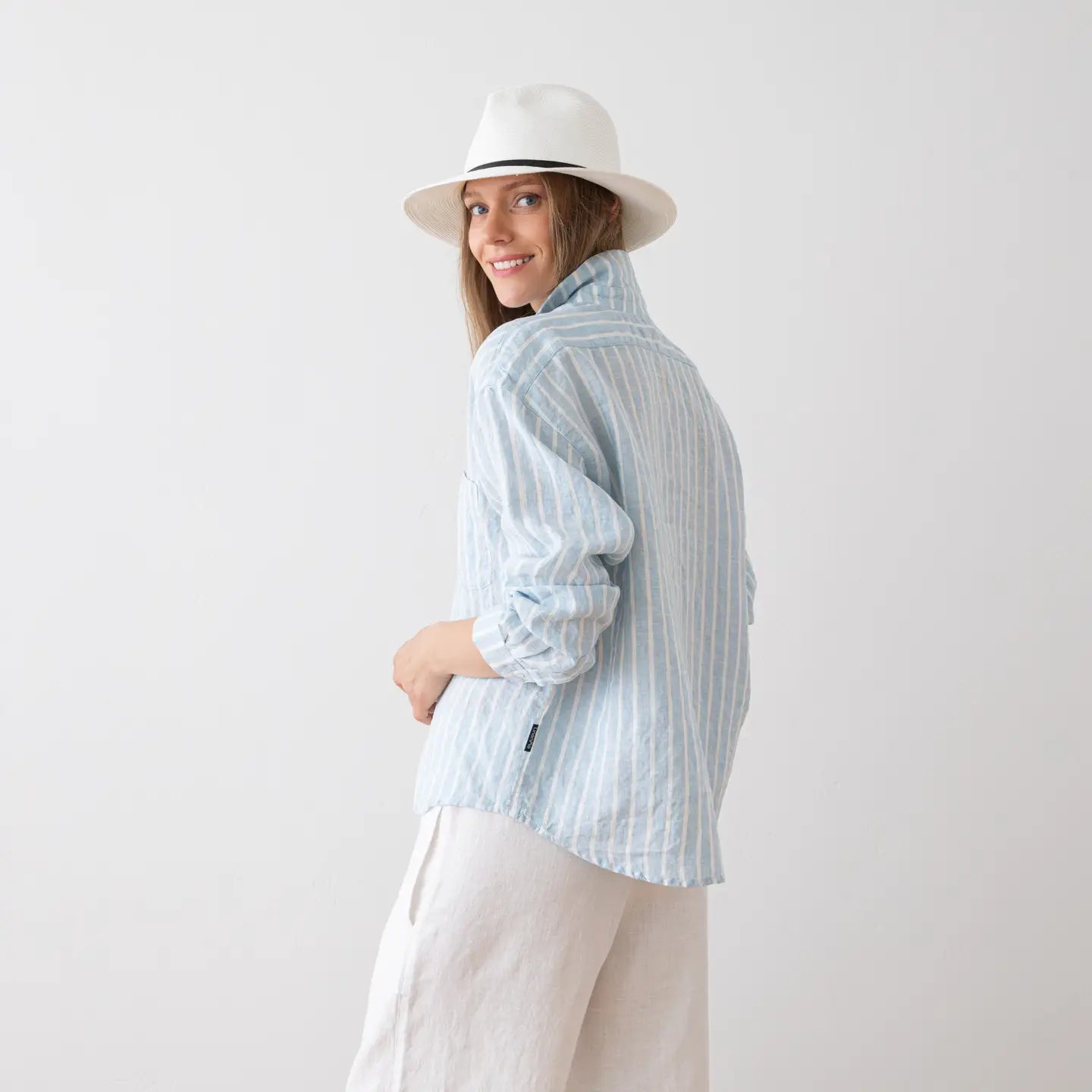 Sanremo Wide Stripe Linen Blouse - Sky Blue