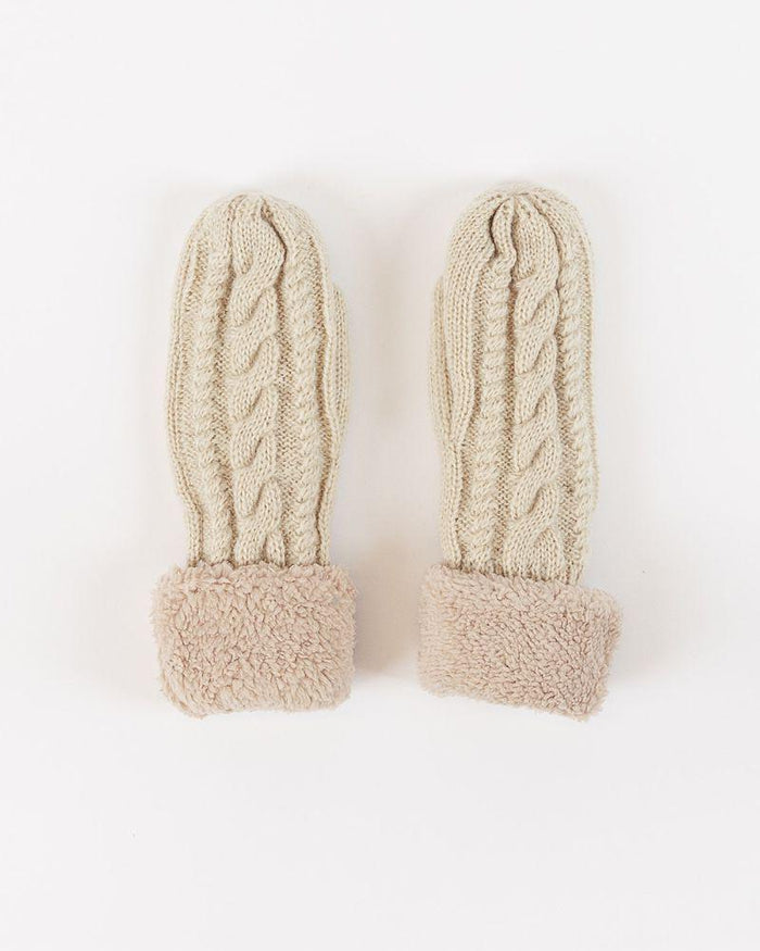 Sherpa Lined Cable Mitten in Oat