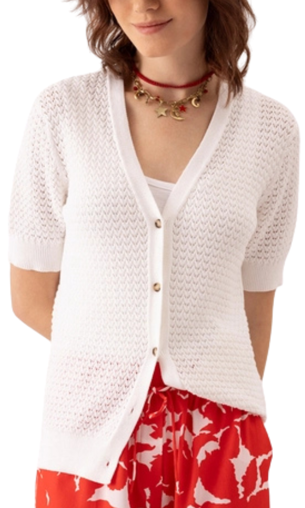 Short Sleeve Open Knit Cardigan - White