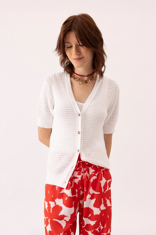 Short Sleeve Open Knit Cardigan - White