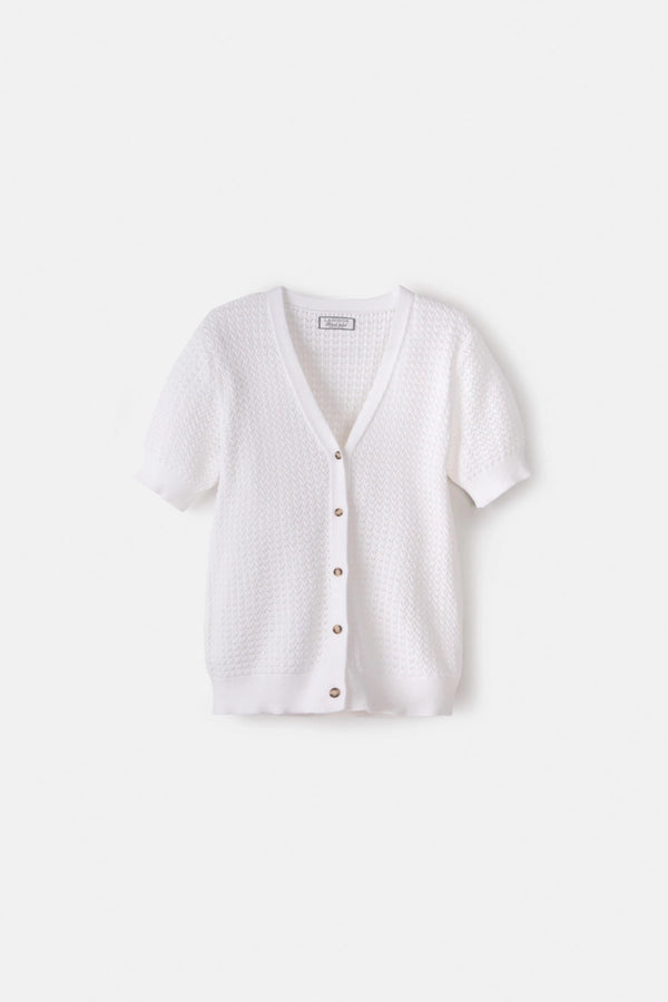 Short Sleeve Open Knit Cardigan - White