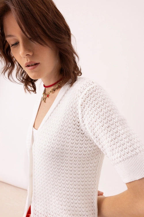 Short Sleeve Open Knit Cardigan - White