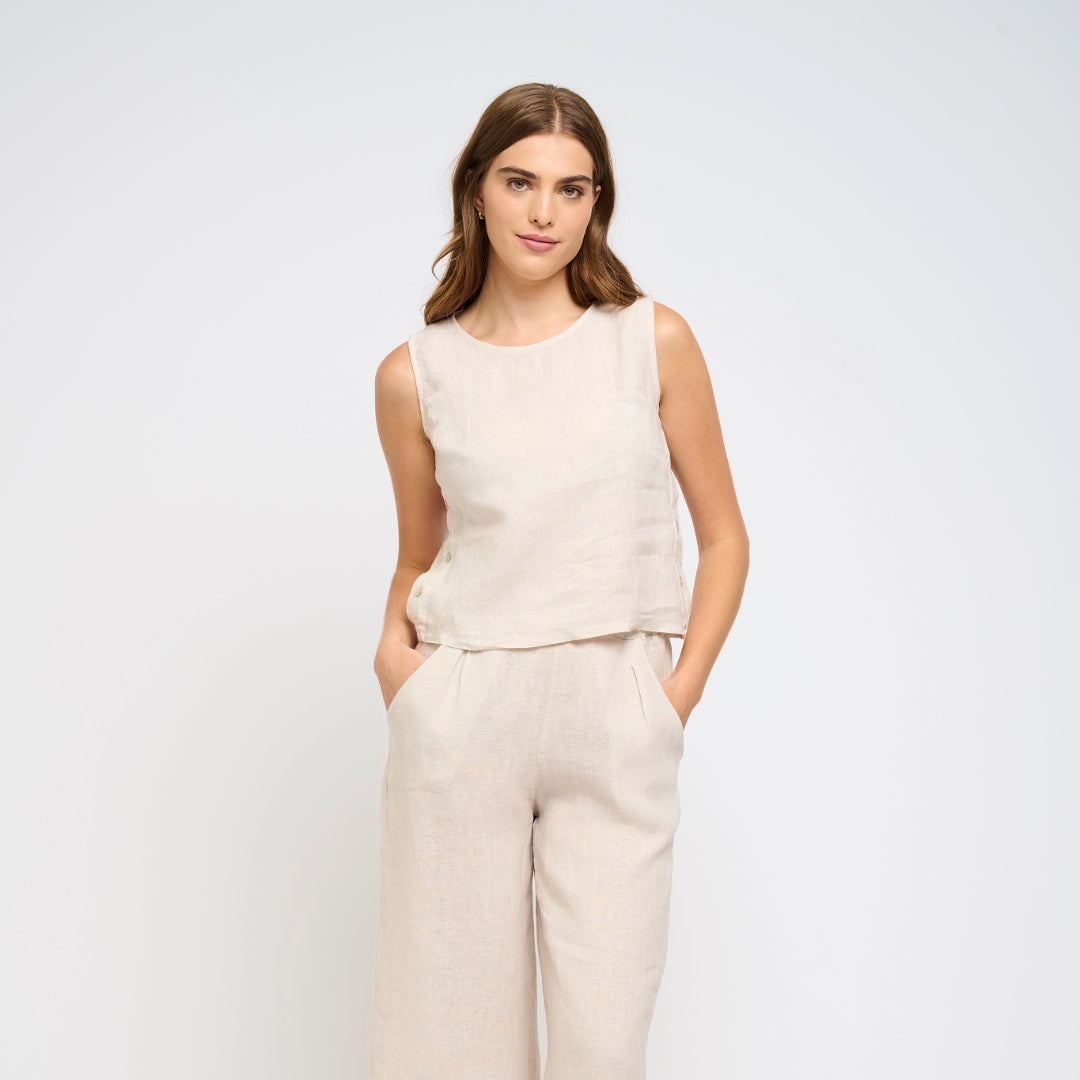 Sleeveless Button Linen Tank - Beige