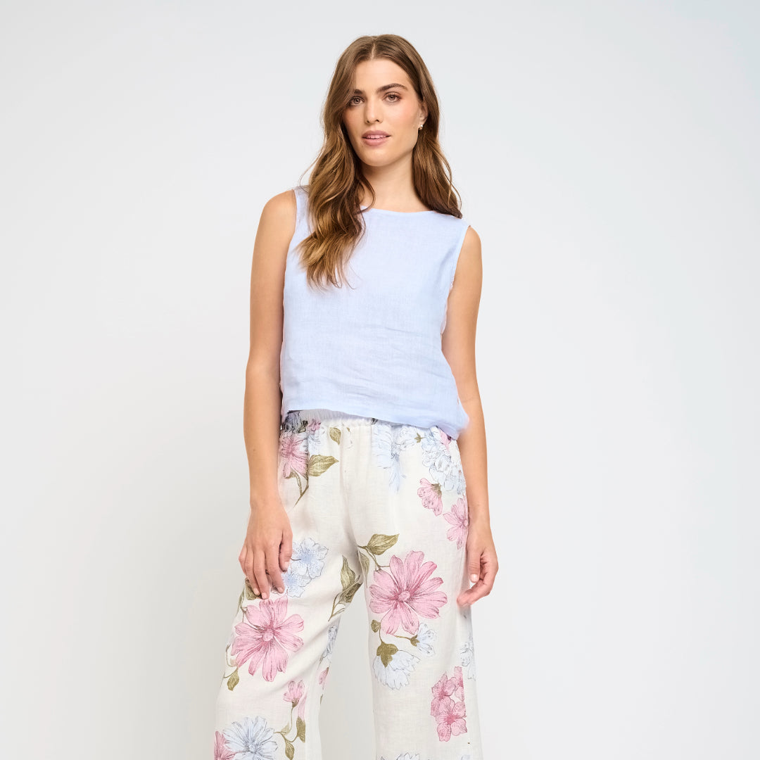Sleeveless Button Linen Tank - Blue