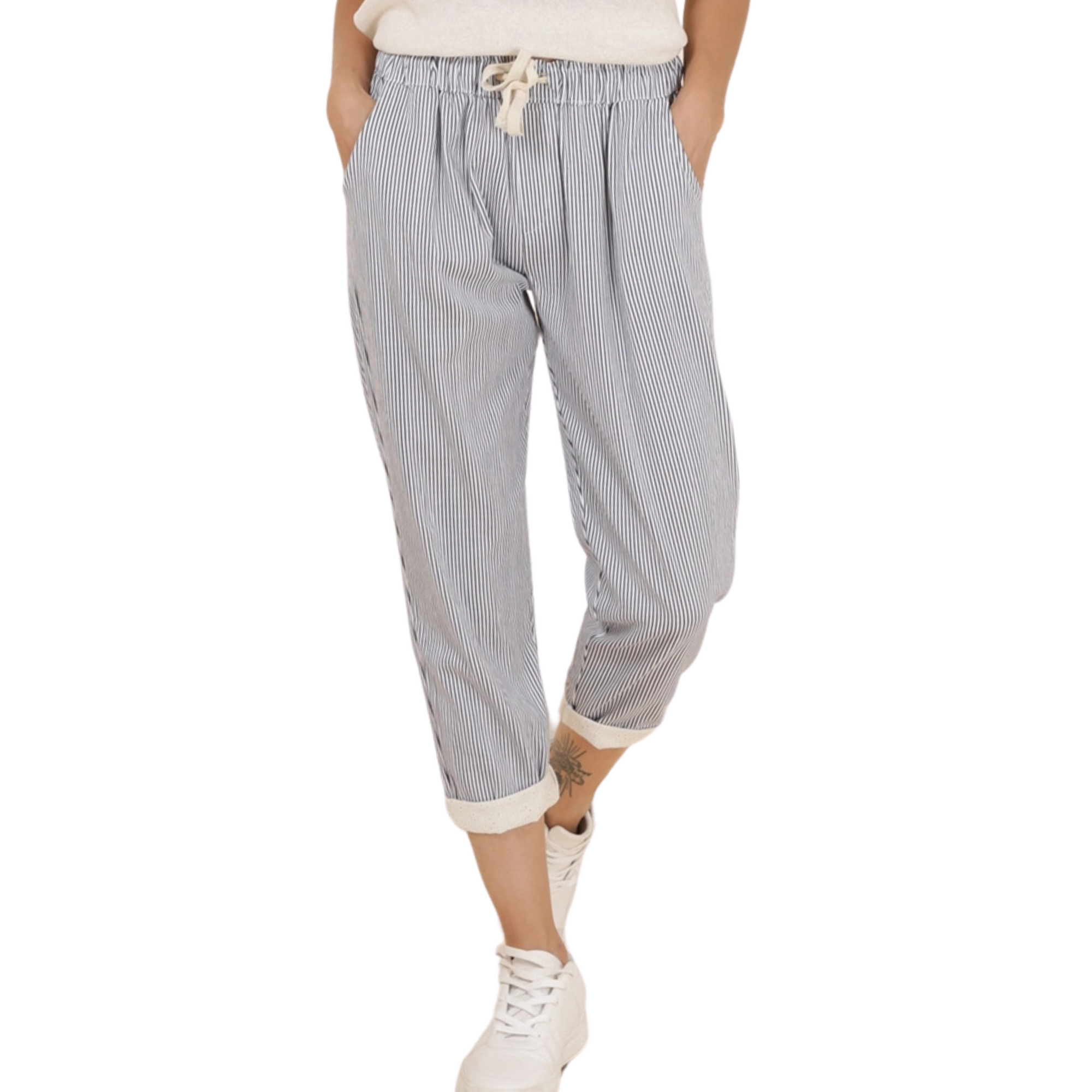 Stripe Pant w Lace - Navy