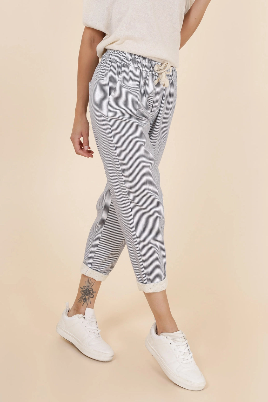 Stripe Pant w Lace - Navy