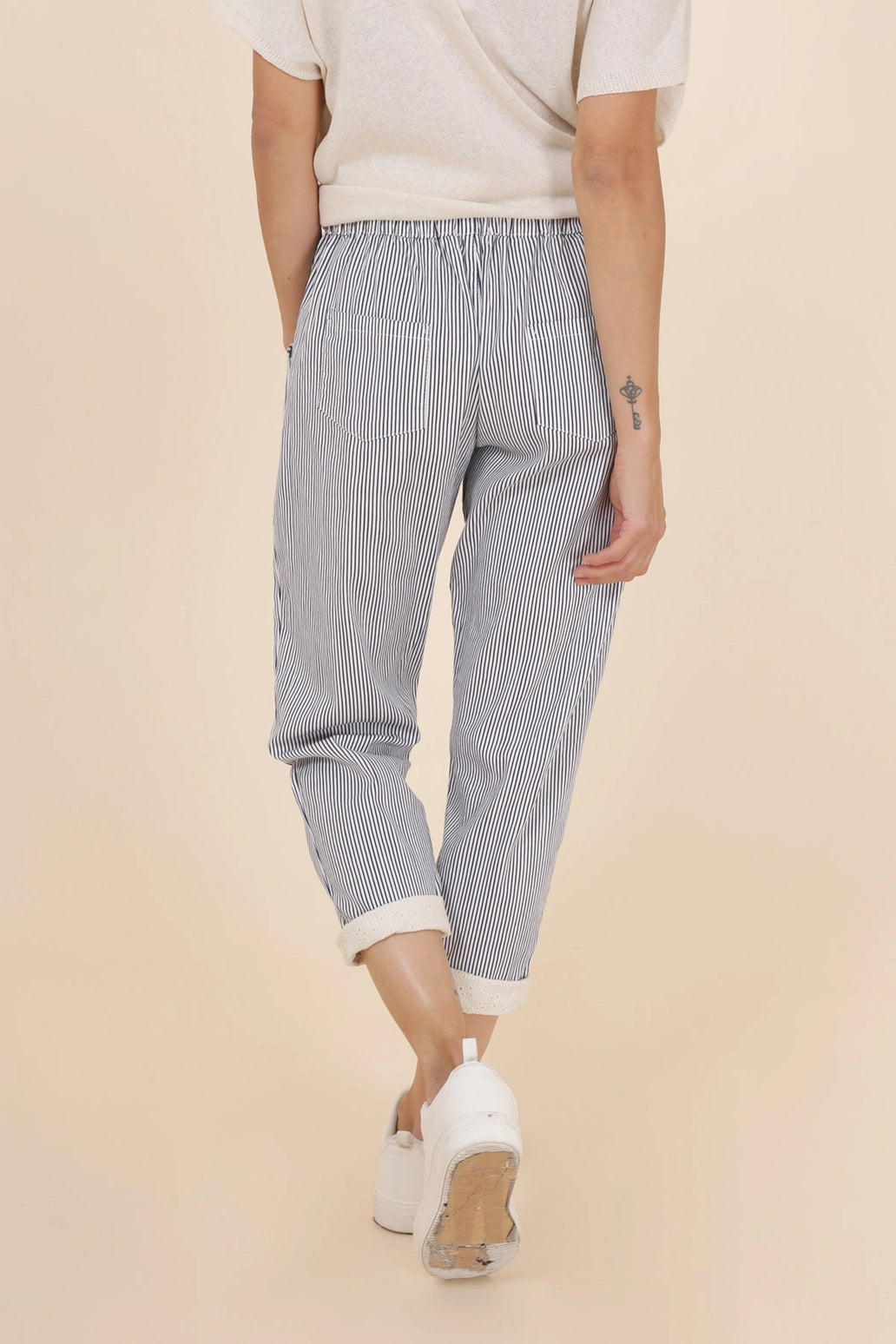 Stripe Pant w Lace - Navy