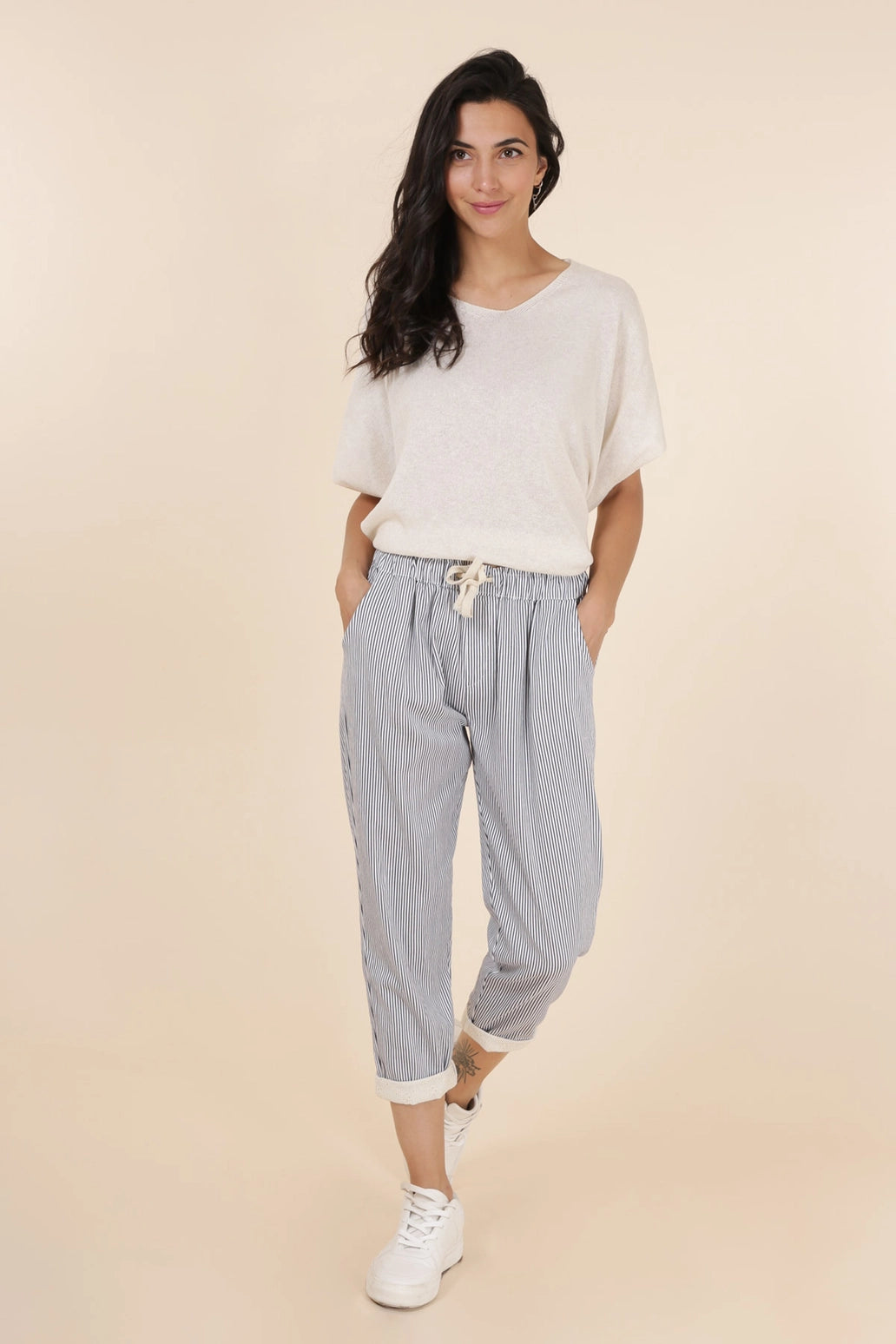 Stripe Pant w Lace - Navy