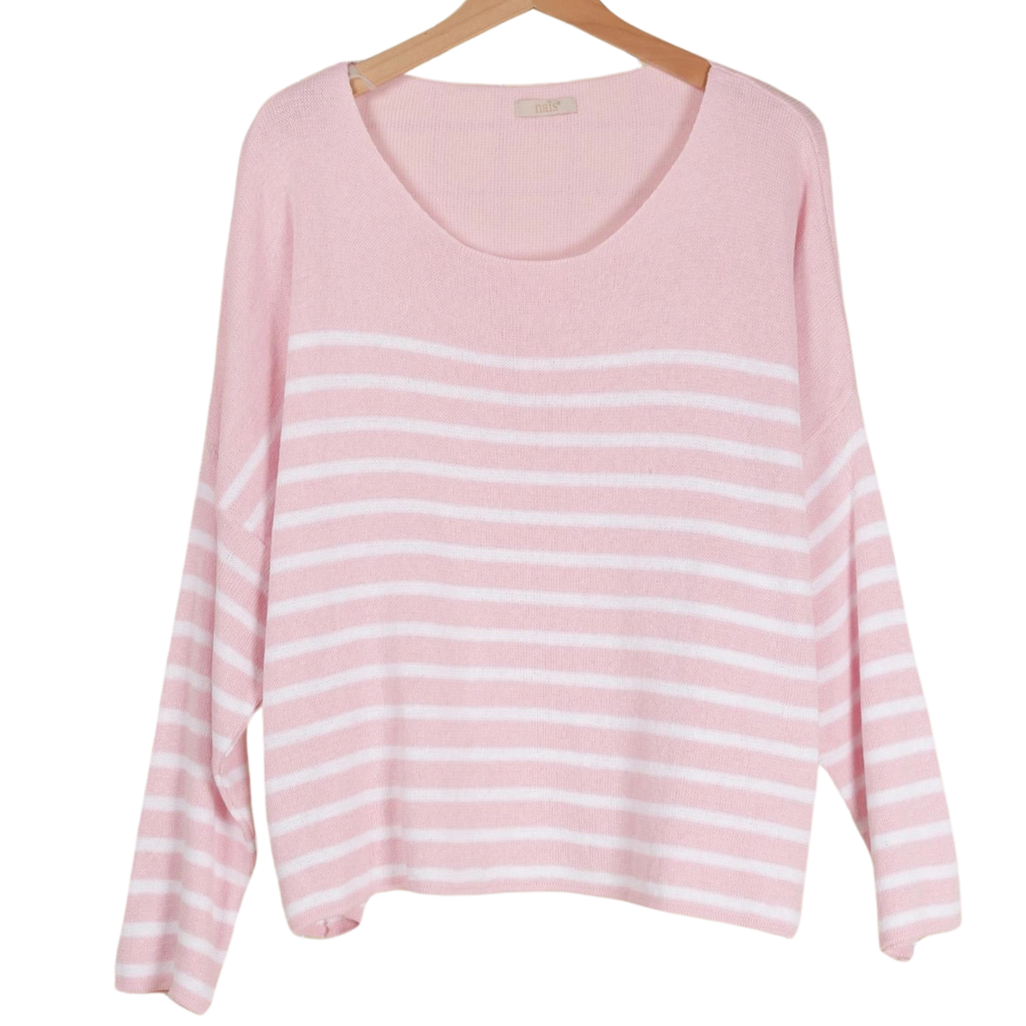 Striped Cotton Crew Neck- Pink/White