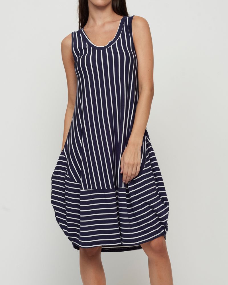 Viscose Bubble Dress in Navy Stripe