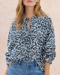 Printed Tie Blouse in Blue/White