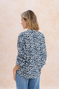 Printed Tie Blouse in Blue/White