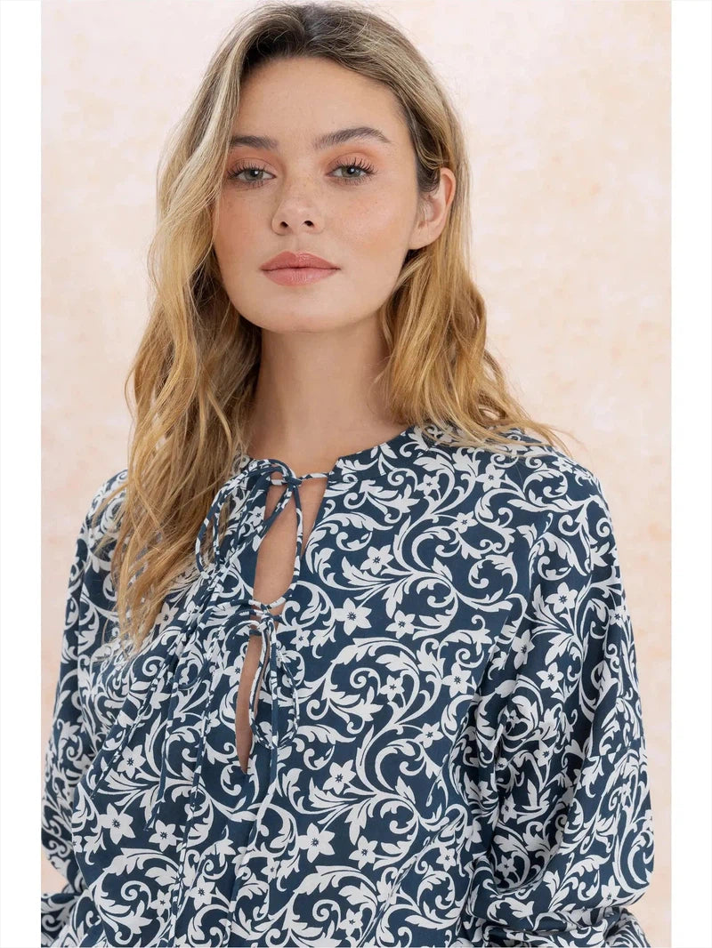 Printed Tie Blouse in Blue/White