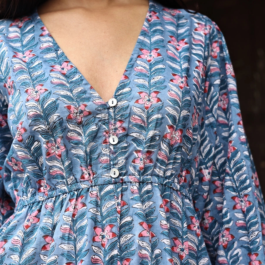 Tracy Ruffle Sleeve Floral Dress - Blue