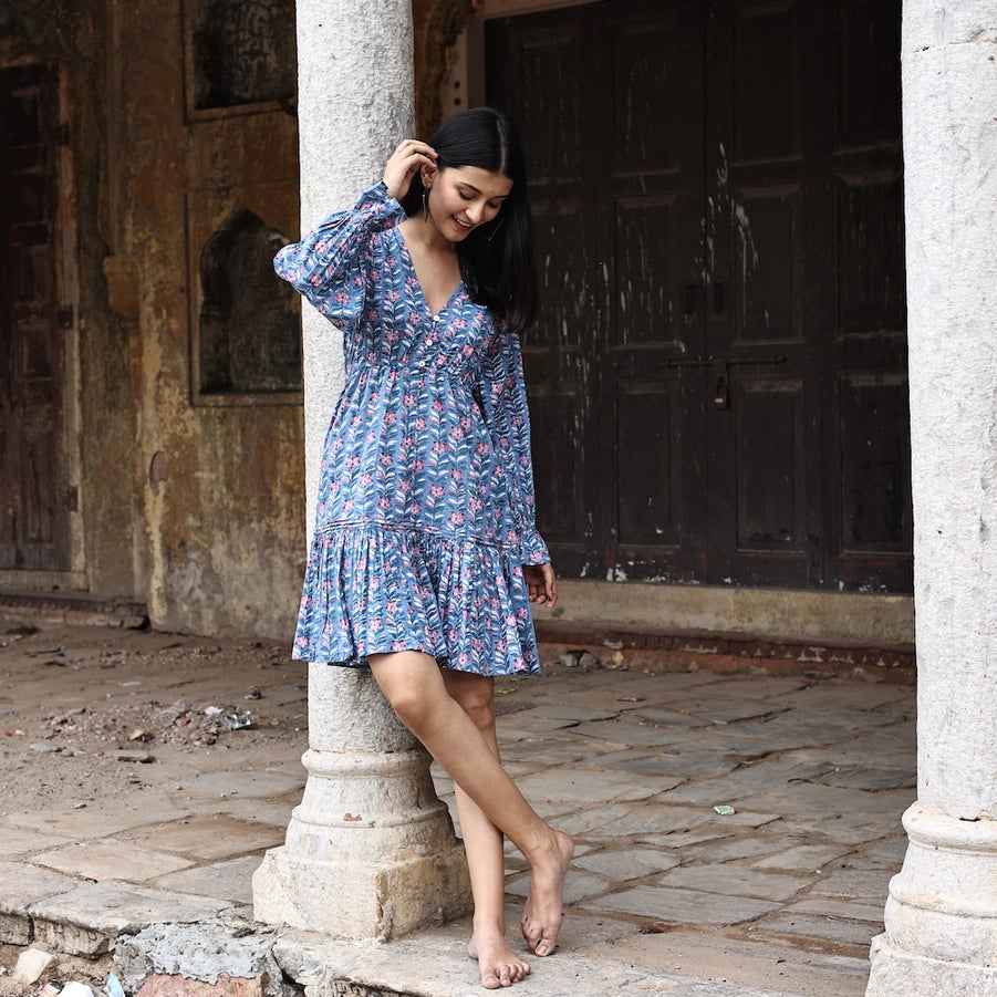 Tracy Ruffle Sleeve Floral Dress - Blue