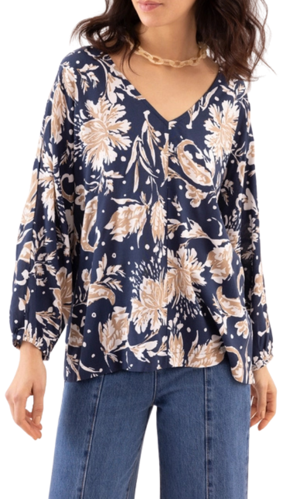 Tricia Floral V-Neck Blouse - Navy