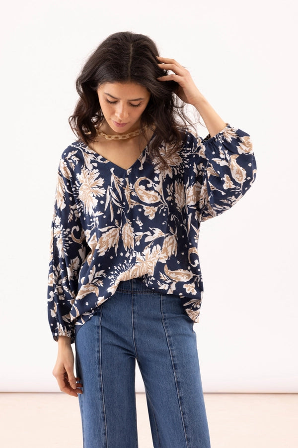 Tricia Floral V-Neck Blouse - Navy