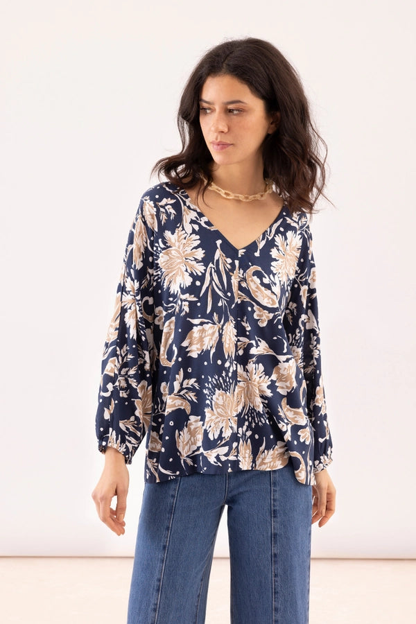 Tricia Floral V-Neck Blouse - Navy