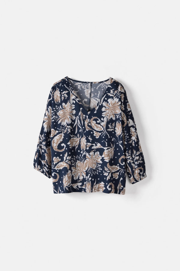 Tricia Floral V-Neck Blouse - Navy
