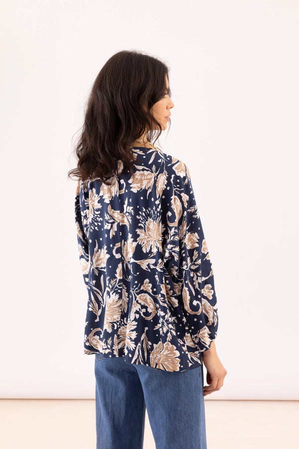 Tricia Floral V-Neck Blouse - Navy